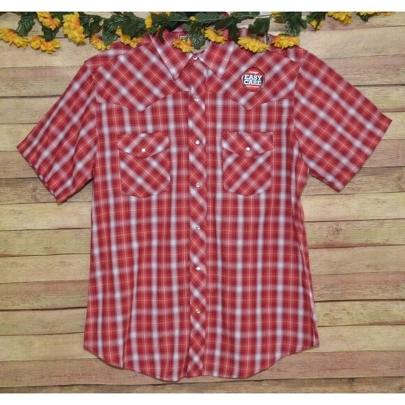 NWOT Wrangler Western Button Up Shirt Men's L Short Sleeve Red Plaid Pearl Snap - Picture 1 of 10